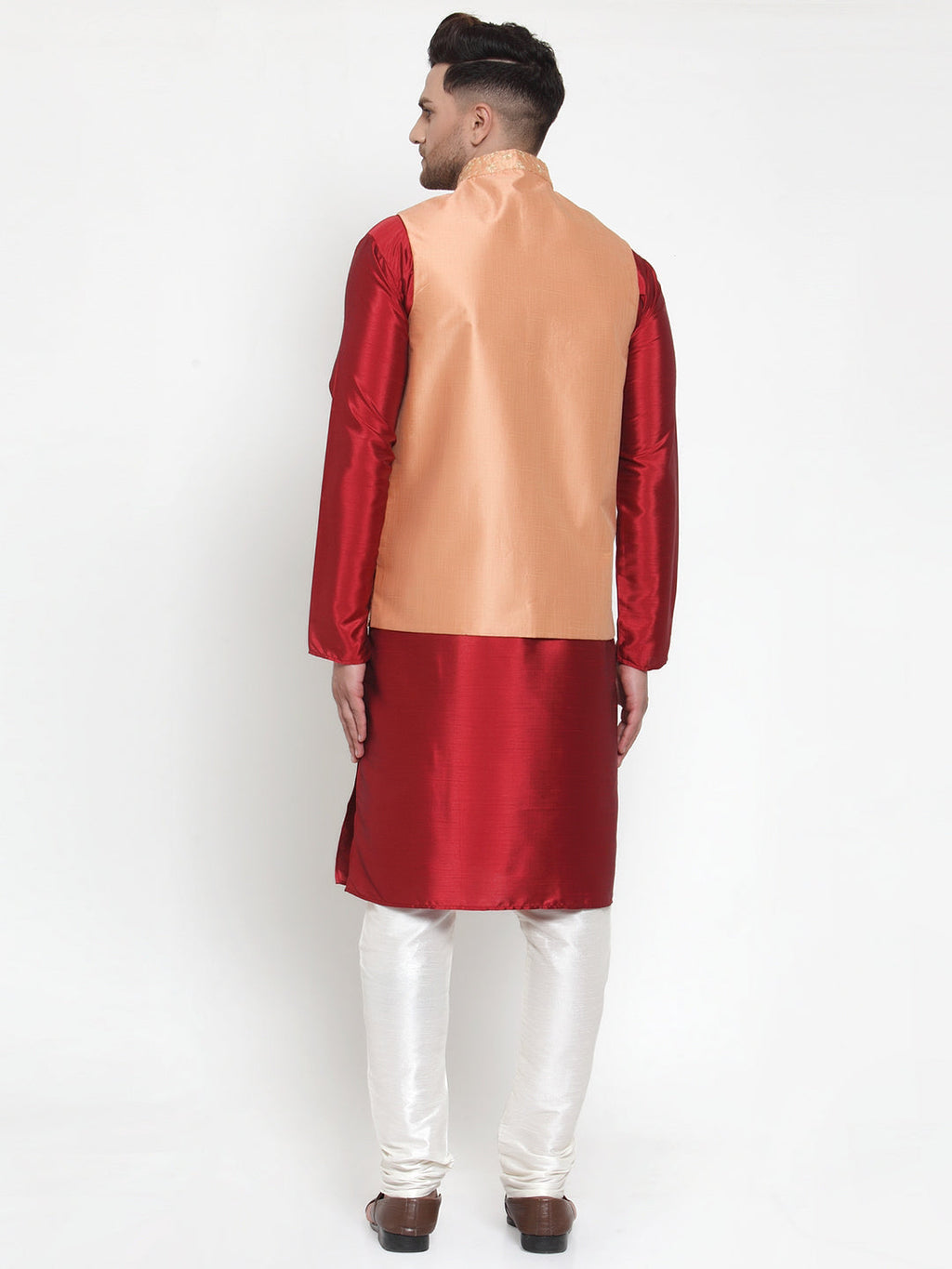 Jompers Men's Solid Dupion Kurta Pajama with Embroidered Nehru Jacket (Peach) - Distacart