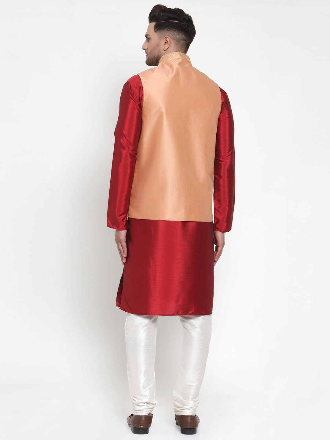 Jompers Men's Solid Dupion Kurta Pajama with Embroidered Nehru Jacket (Peach) - Distacart