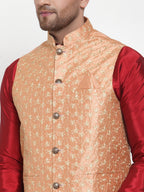 Jompers Men's Solid Dupion Kurta Pajama with Embroidered Nehru Jacket (Peach) - Distacart