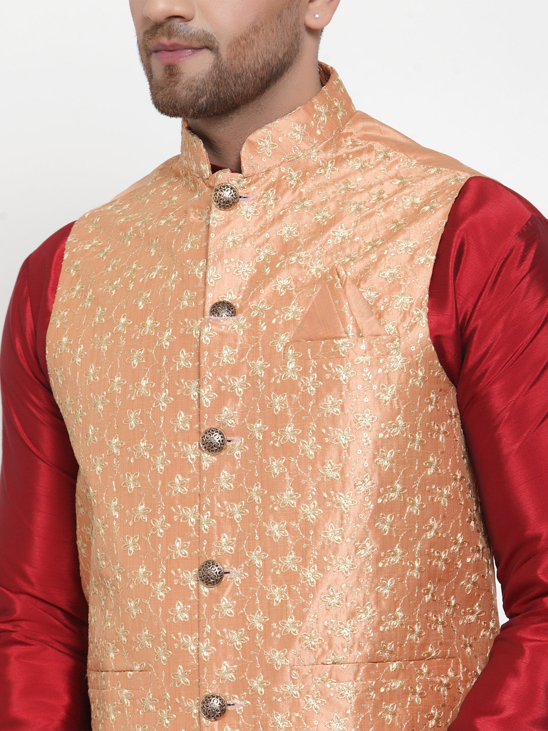 Jompers Men's Solid Dupion Kurta Pajama with Embroidered Nehru Jacket (Peach) - Distacart