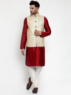 Jompers Men's Solid Dupion Kurta Pajama with Embroidered Nehru Jacket (Cream) - Distacart