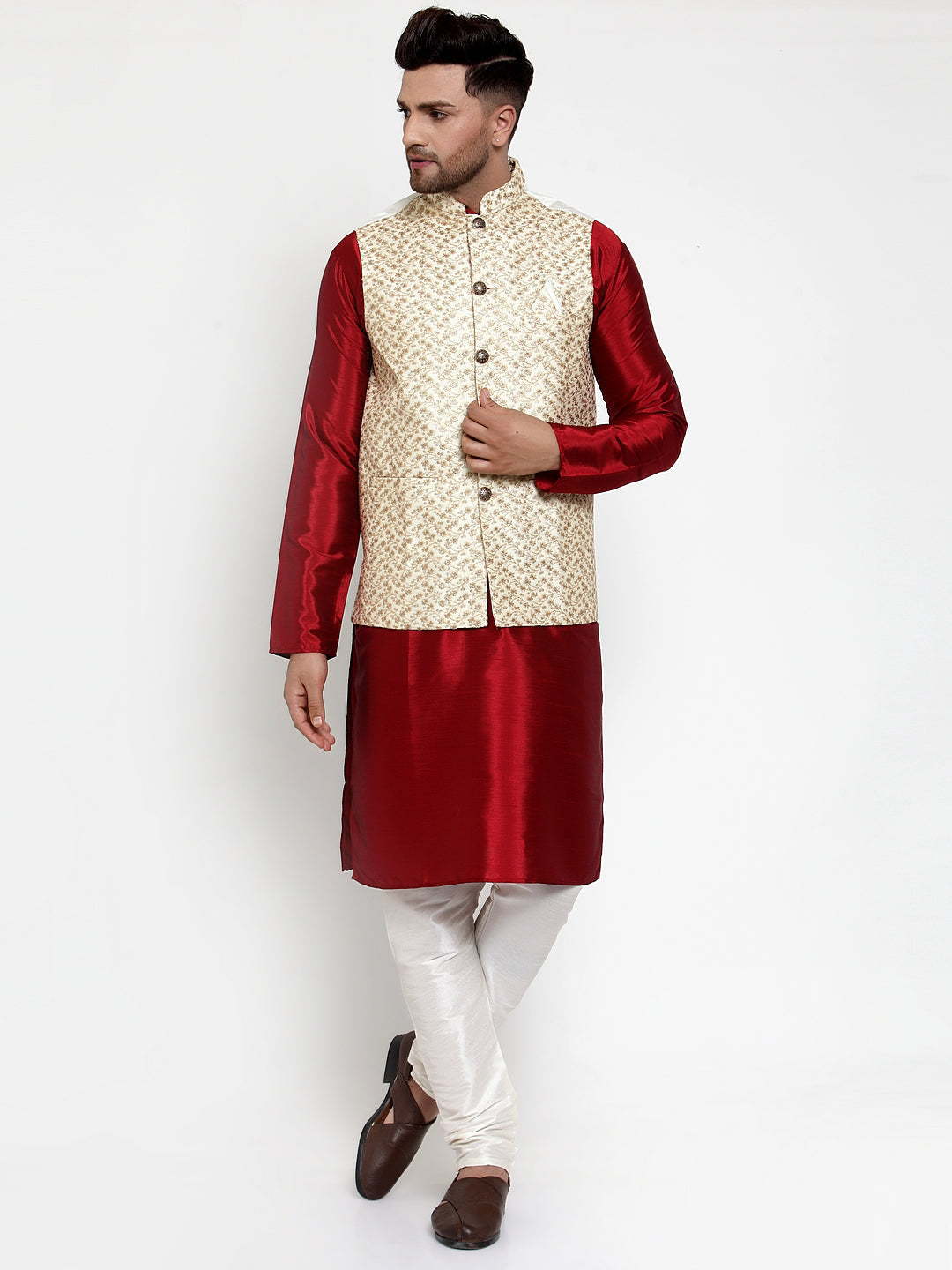Jompers Men's Solid Dupion Kurta Pajama with Embroidered Nehru Jacket (Cream) - Distacart