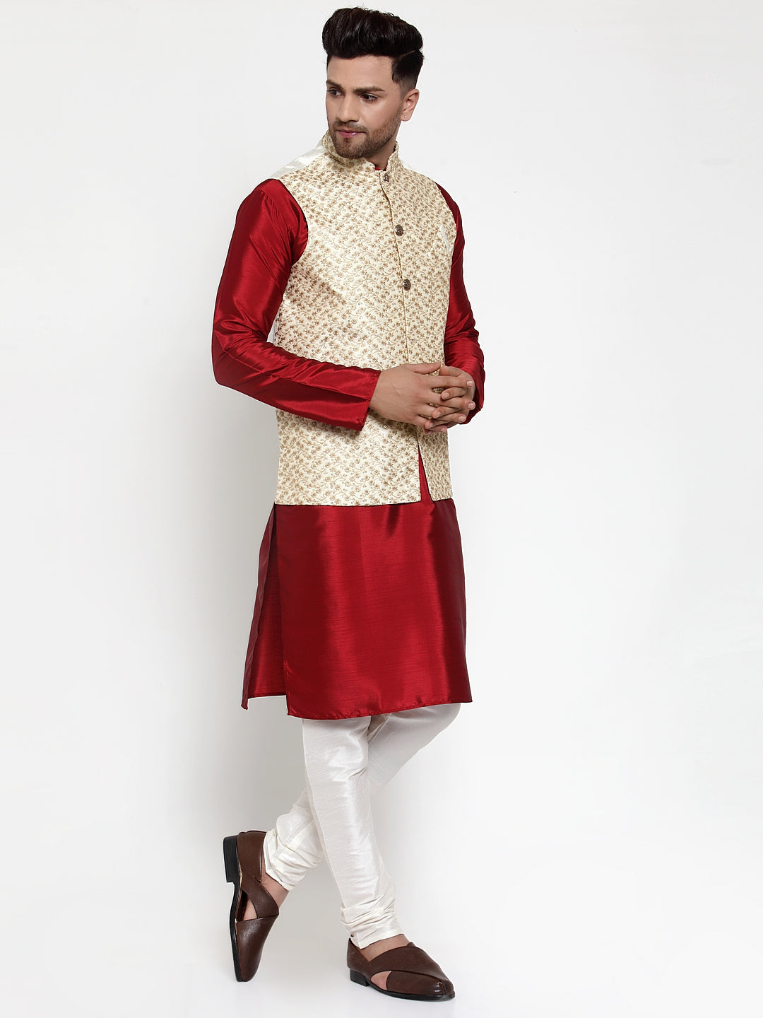Jompers Men's Solid Dupion Kurta Pajama with Embroidered Nehru Jacket (Cream) - Distacart