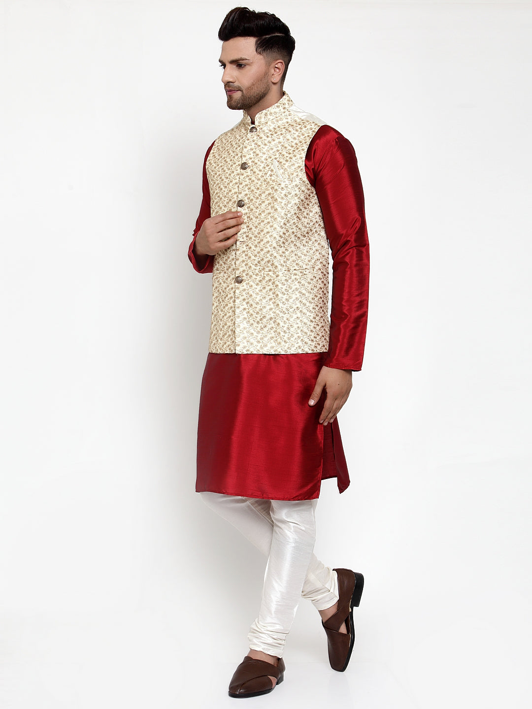 Jompers Men's Solid Dupion Kurta Pajama with Embroidered Nehru Jacket (Cream) - Distacart