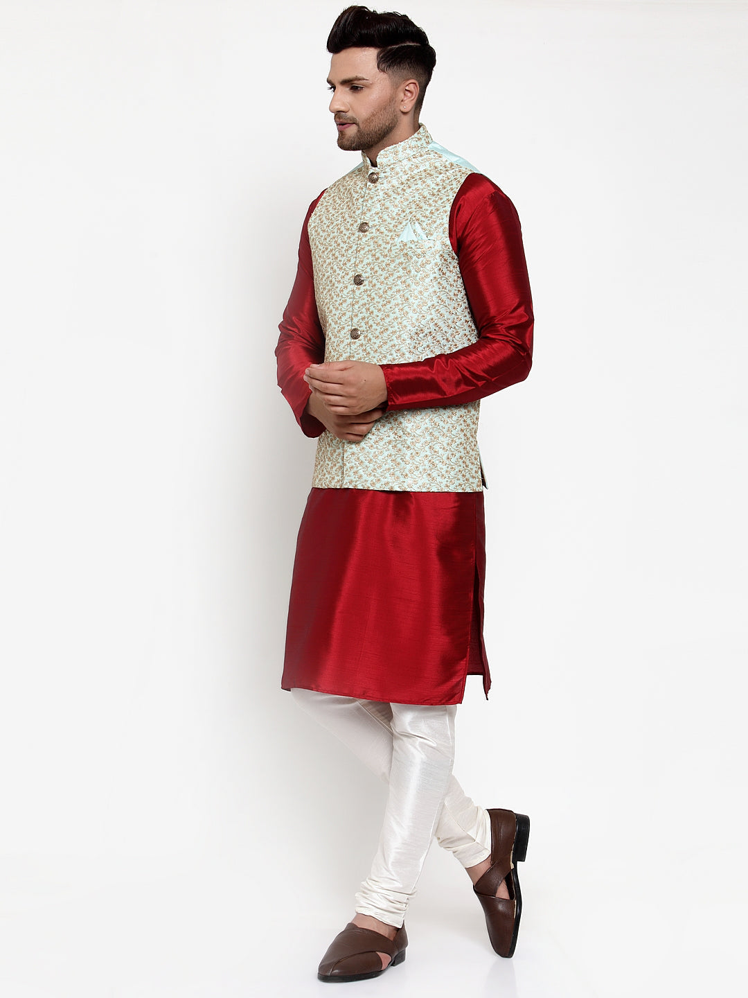 Jompers Men's Solid Dupion Kurta Pajama with Embroidered Nehru Jacket (Sky) - Distacart