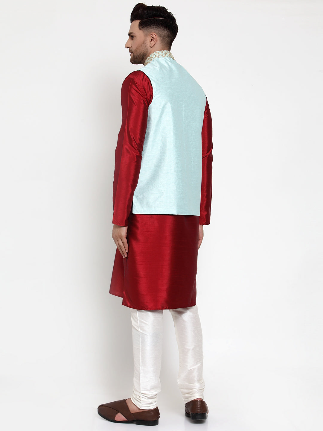 Jompers Men's Solid Dupion Kurta Pajama with Embroidered Nehru Jacket (Sky) - Distacart