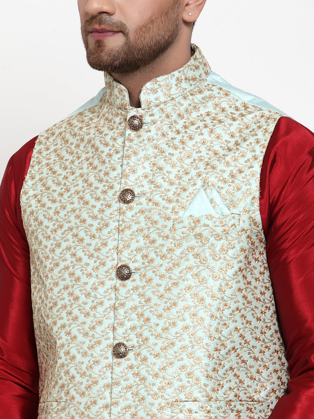 Jompers Men's Solid Dupion Kurta Pajama with Embroidered Nehru Jacket (Sky) - Distacart