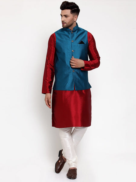 Jompers Men's Solid Dupion Kurta Pajama with Woven Nehru Jacket (Blue & Maroon)