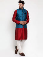 Jompers Men's Solid Dupion Kurta Pajama with Woven Nehru Jacket (Blue) - Distacart