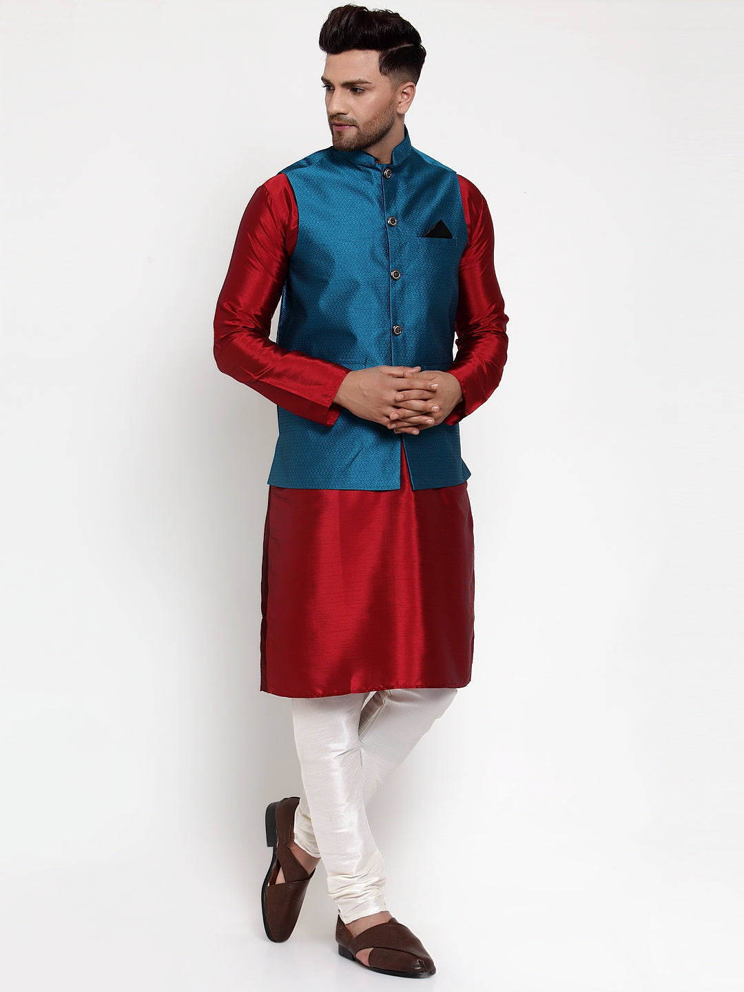 Jompers Men's Solid Dupion Kurta Pajama with Woven Nehru Jacket (Blue) - Distacart