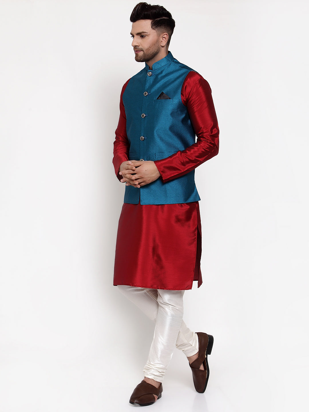 Jompers Men's Solid Dupion Kurta Pajama with Woven Nehru Jacket (Blue) - Distacart