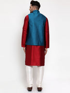 Jompers Men's Solid Dupion Kurta Pajama with Woven Nehru Jacket (Blue) - Distacart