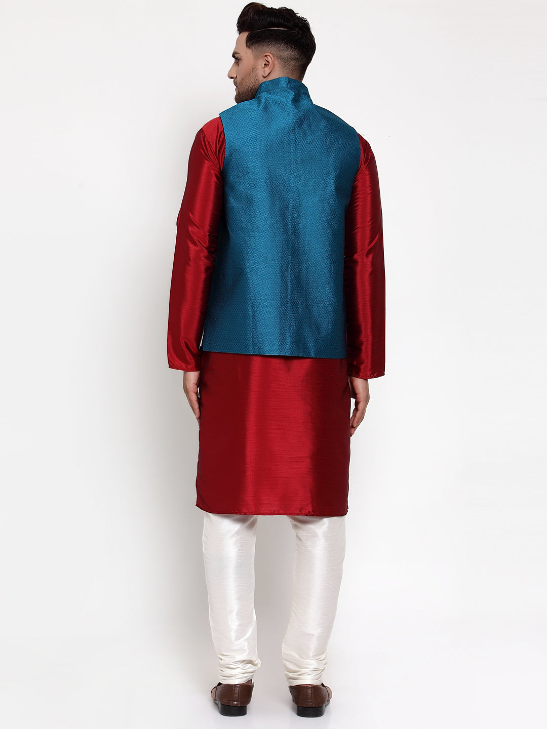 Jompers Men's Solid Dupion Kurta Pajama with Woven Nehru Jacket (Blue) - Distacart