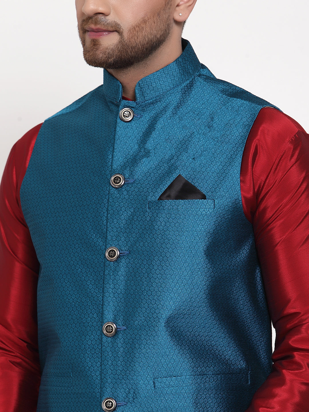 Jompers Men's Solid Dupion Kurta Pajama with Woven Nehru Jacket (Blue) - Distacart
