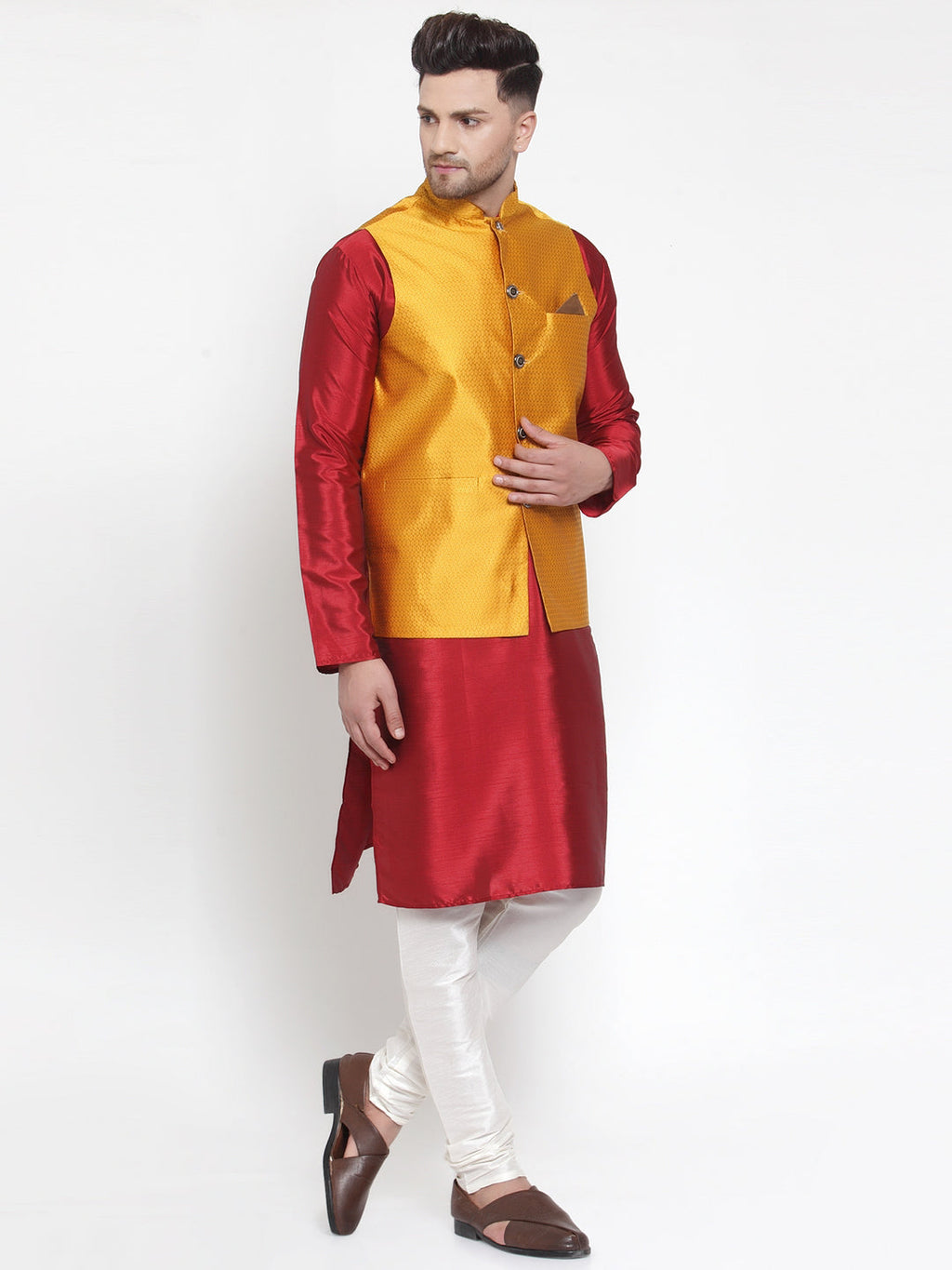 Jompers Men's Solid Dupion Kurta Pajama with Woven Nehru Jacket (Yellow) - Distacart