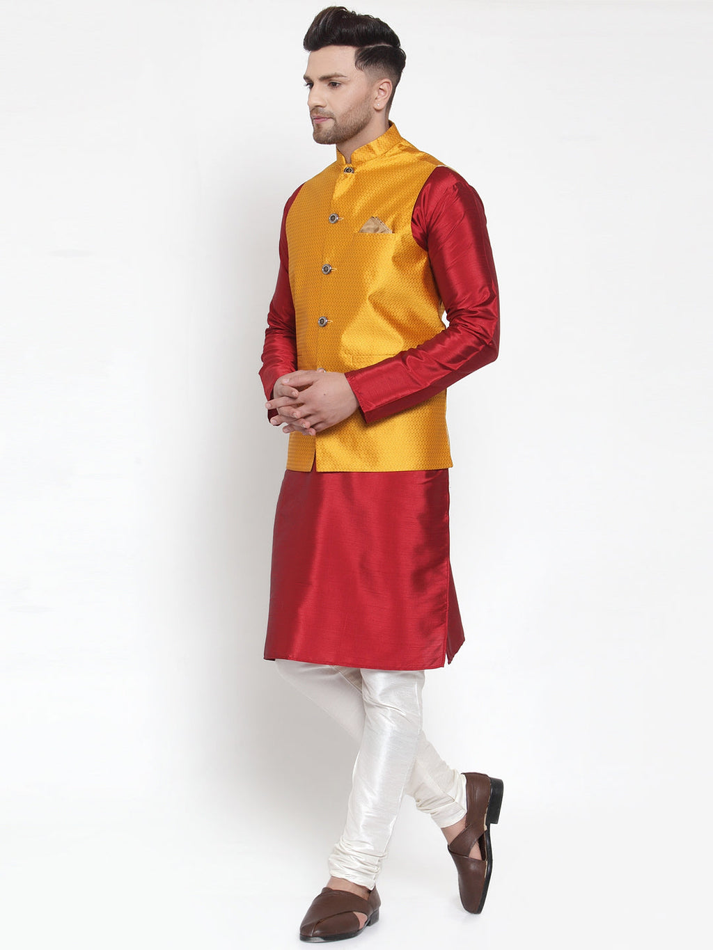 Jompers Men's Solid Dupion Kurta Pajama with Woven Nehru Jacket (Yellow) - Distacart