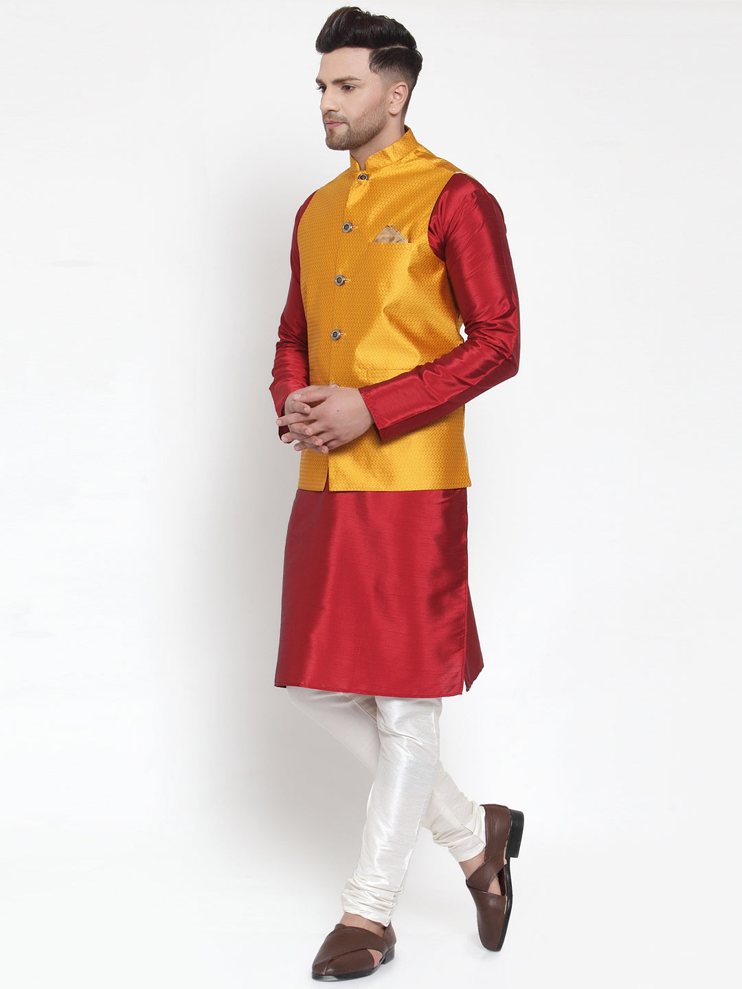 Jompers Men's Solid Dupion Kurta Pajama with Woven Nehru Jacket (Yellow) - Distacart