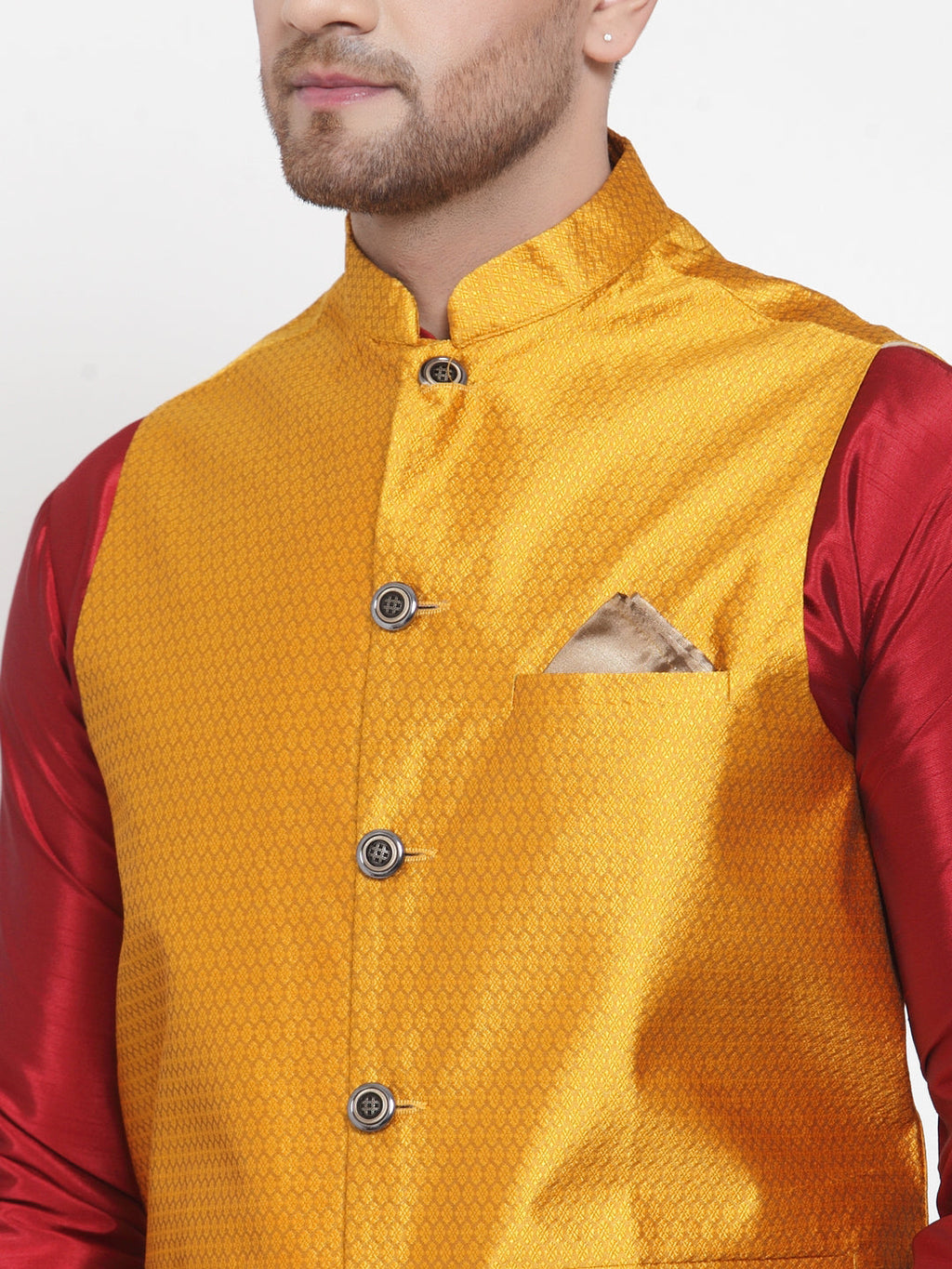 Jompers Men's Solid Dupion Kurta Pajama with Woven Nehru Jacket (Yellow) - Distacart