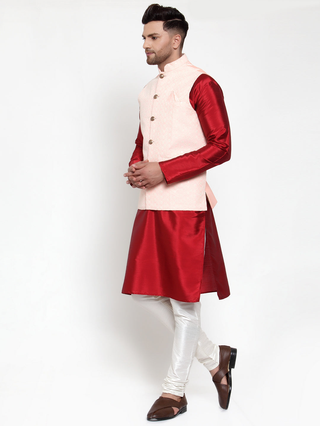 Jompers Men's Solid Dupion Kurta Pajama with Embroiderd Nehru Jacket (Pink) - Distacart