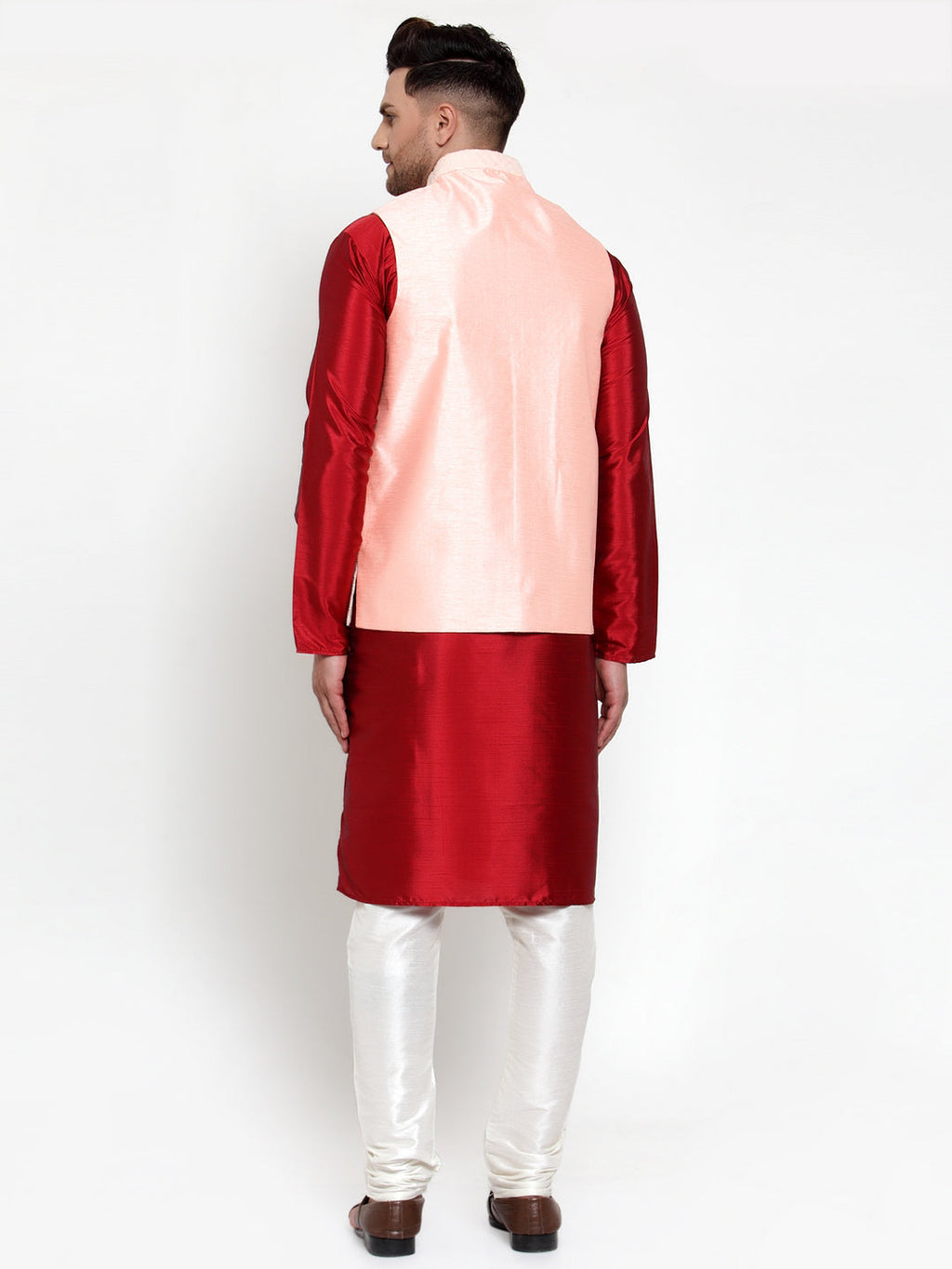 Jompers Men's Solid Dupion Kurta Pajama with Embroiderd Nehru Jacket (Pink) - Distacart