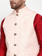 Jompers Men's Solid Dupion Kurta Pajama with Embroiderd Nehru Jacket (Pink) - Distacart