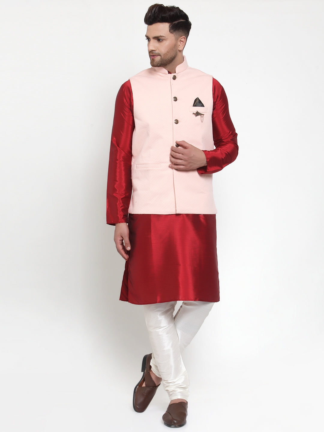 Jompers Men's Solid Dupion Kurta Pajama with Woven Nehru Jacket (Peach) - Distacart