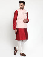 Jompers Men's Solid Dupion Kurta Pajama with Woven Nehru Jacket (Peach) - Distacart