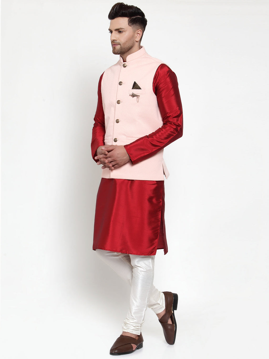 Jompers Men's Solid Dupion Kurta Pajama with Woven Nehru Jacket (Peach) - Distacart