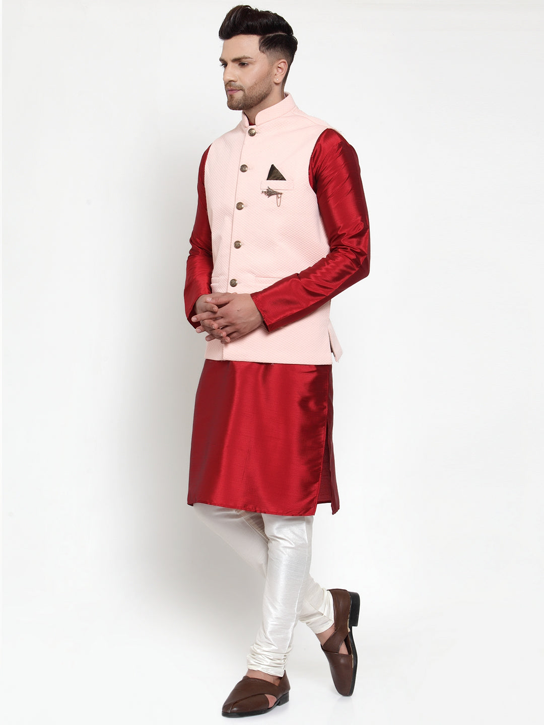 Jompers Men's Solid Dupion Kurta Pajama with Woven Nehru Jacket (Peach) - Distacart
