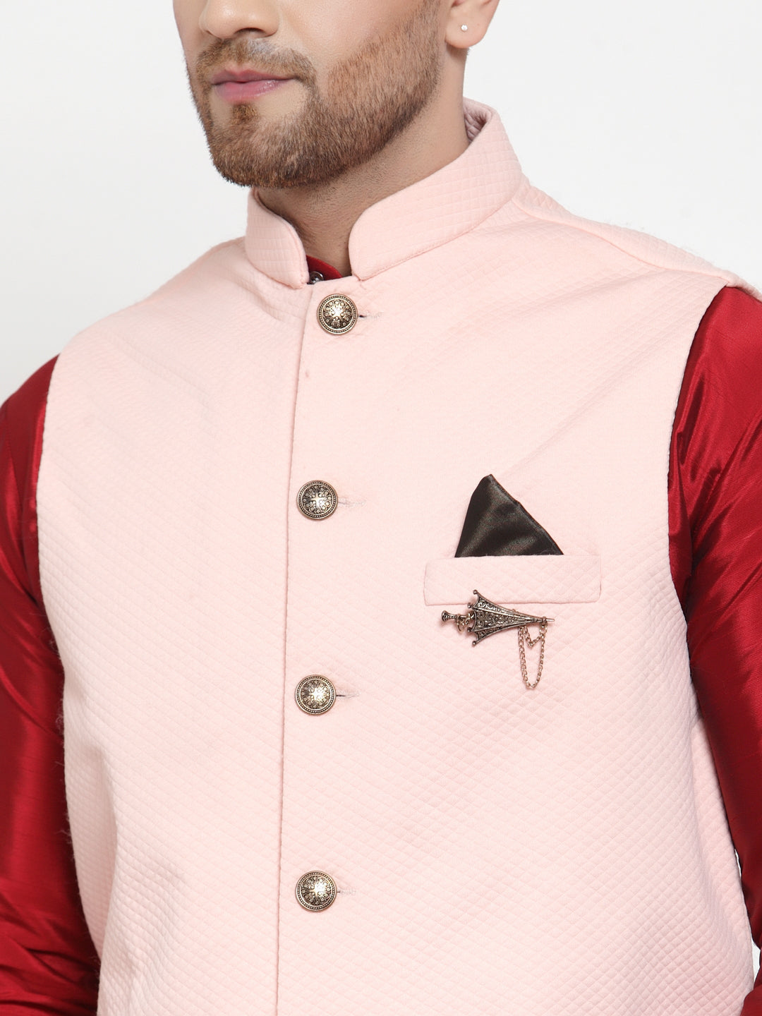 Jompers Men's Solid Dupion Kurta Pajama with Woven Nehru Jacket (Peach) - Distacart
