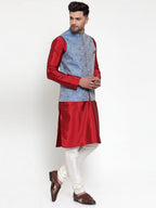 Jompers Men's Solid Dupion Kurta Pajama with Woven Jacqaurd Nehru Jacket (Blue) - Distacart