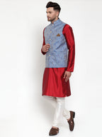 Jompers Men's Solid Dupion Kurta Pajama with Woven Jacqaurd Nehru Jacket (Blue) - Distacart