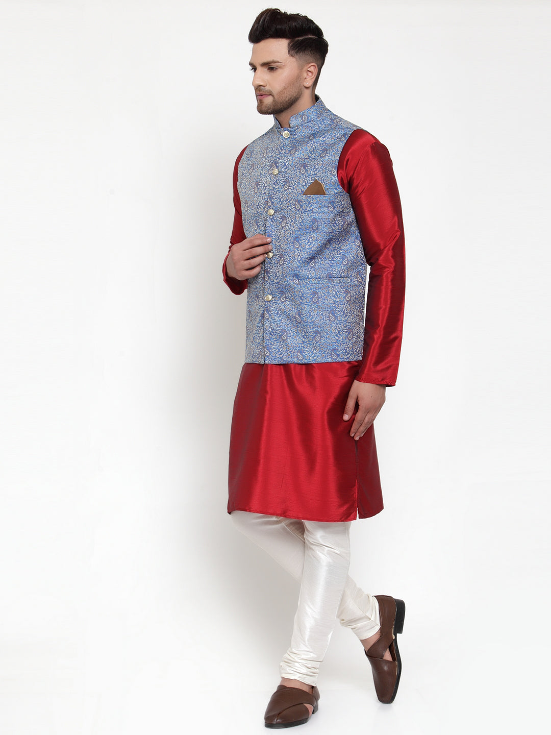 Jompers Men's Solid Dupion Kurta Pajama with Woven Jacqaurd Nehru Jacket (Blue) - Distacart