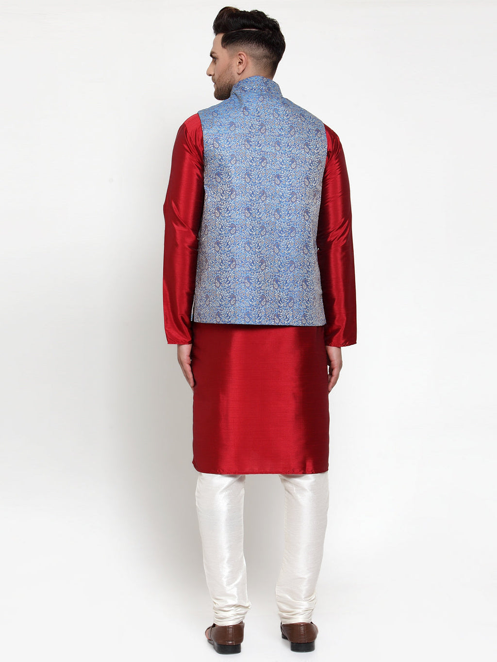 Jompers Men's Solid Dupion Kurta Pajama with Woven Jacqaurd Nehru Jacket (Blue) - Distacart