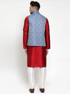 Jompers Men's Solid Dupion Kurta Pajama with Woven Jacqaurd Nehru Jacket (Blue) - Distacart