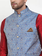 Jompers Men's Solid Dupion Kurta Pajama with Woven Jacqaurd Nehru Jacket (Blue) - Distacart