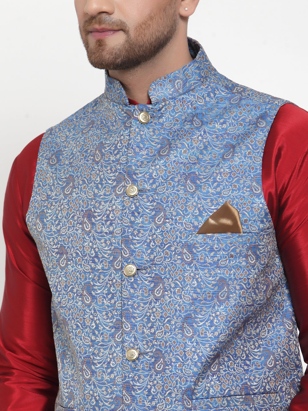 Jompers Men's Solid Dupion Kurta Pajama with Woven Jacqaurd Nehru Jacket (Blue) - Distacart