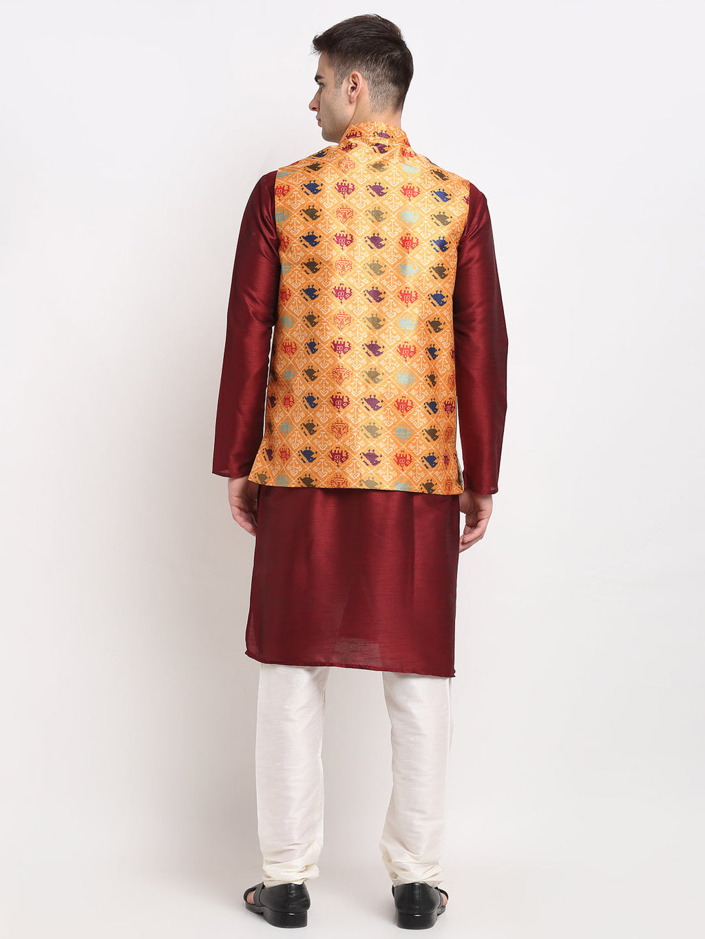 Jompers Men's Maroon Dupion Silk Kurta with Churidar&Nehru Jacket(Orange) - Distacart