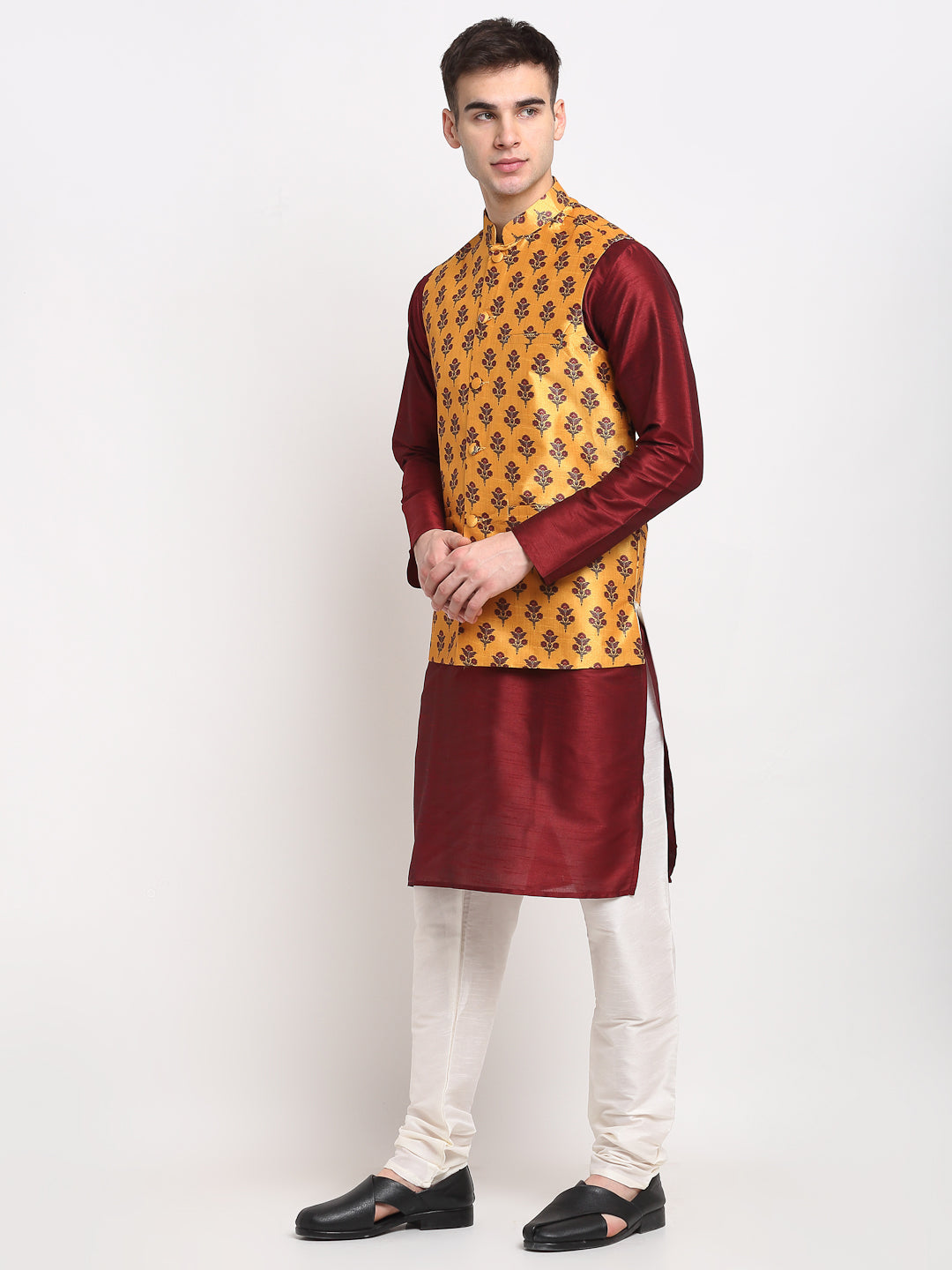 Jompers Men's Maroon Dupion Silk Kurta with Churidar& Nehru Jacket(Yellow) - Distacart