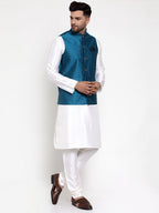 Jompers Men's Solid Dupion Kurta Pajama with Woven Nehru Jacket (Blue) - Distacart