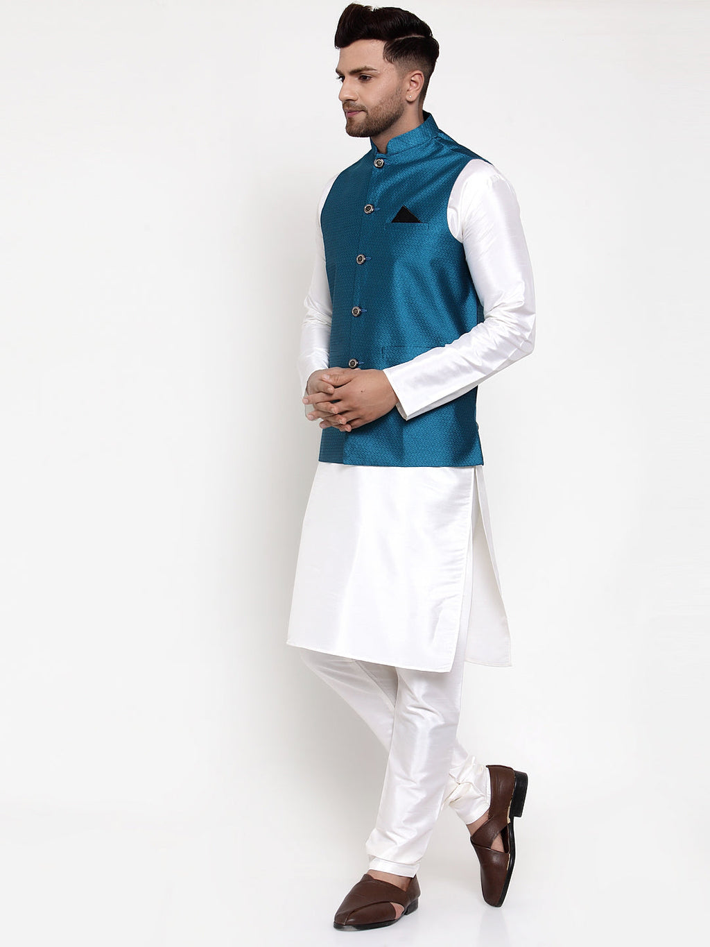 Jompers Men's Solid Dupion Kurta Pajama with Woven Nehru Jacket (Blue) - Distacart