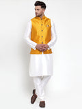 Jompers Men's Solid Dupion Kurta Pajama with Woven Nehru Jacket (Yellow) - Distacart