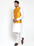 Jompers Men's Solid Dupion Kurta Pajama with Woven Nehru Jacket (Yellow) - Distacart