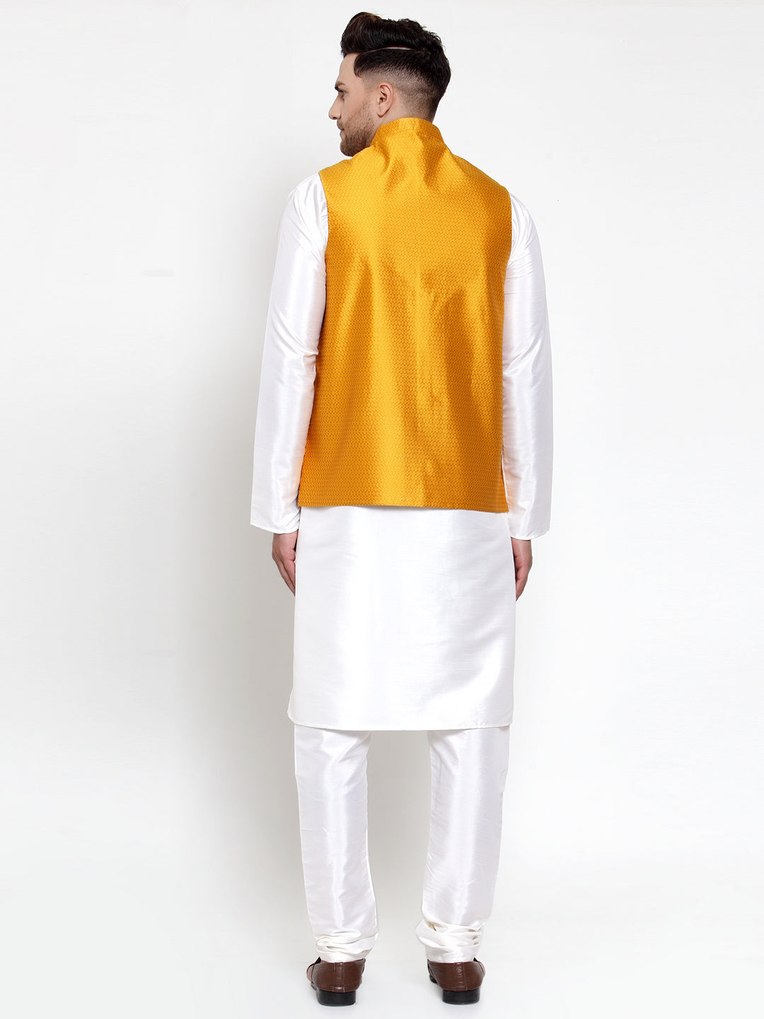 Jompers Men's Solid Dupion Kurta Pajama with Woven Nehru Jacket (Yellow) - Distacart