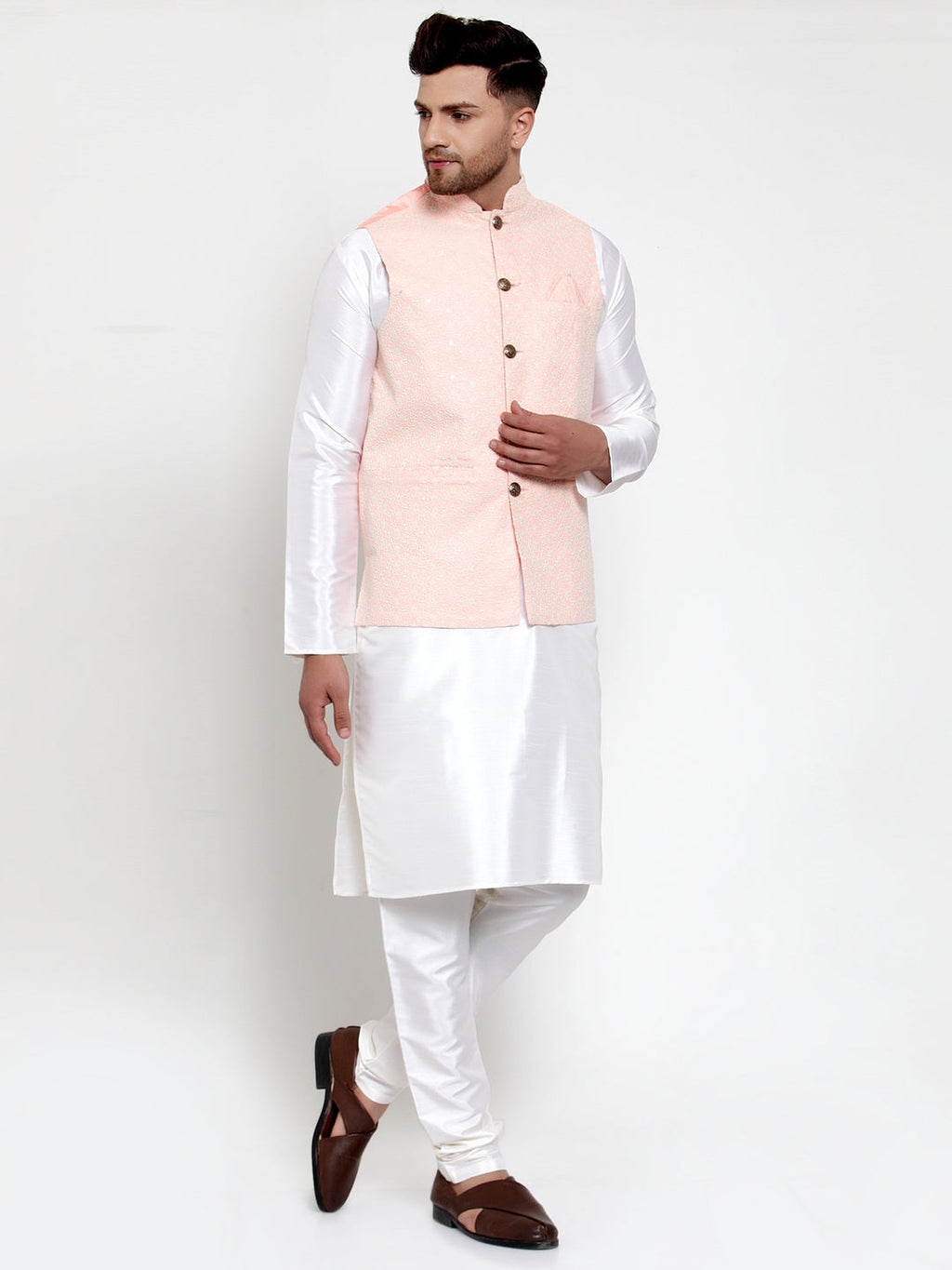 Jompers Men's Solid Dupion Kurta Pajama with Embroiderd Nehru Jacket (Pink) - Distacart