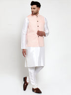 Jompers Men's Solid Dupion Kurta Pajama with Embroiderd Nehru Jacket (Pink) - Distacart