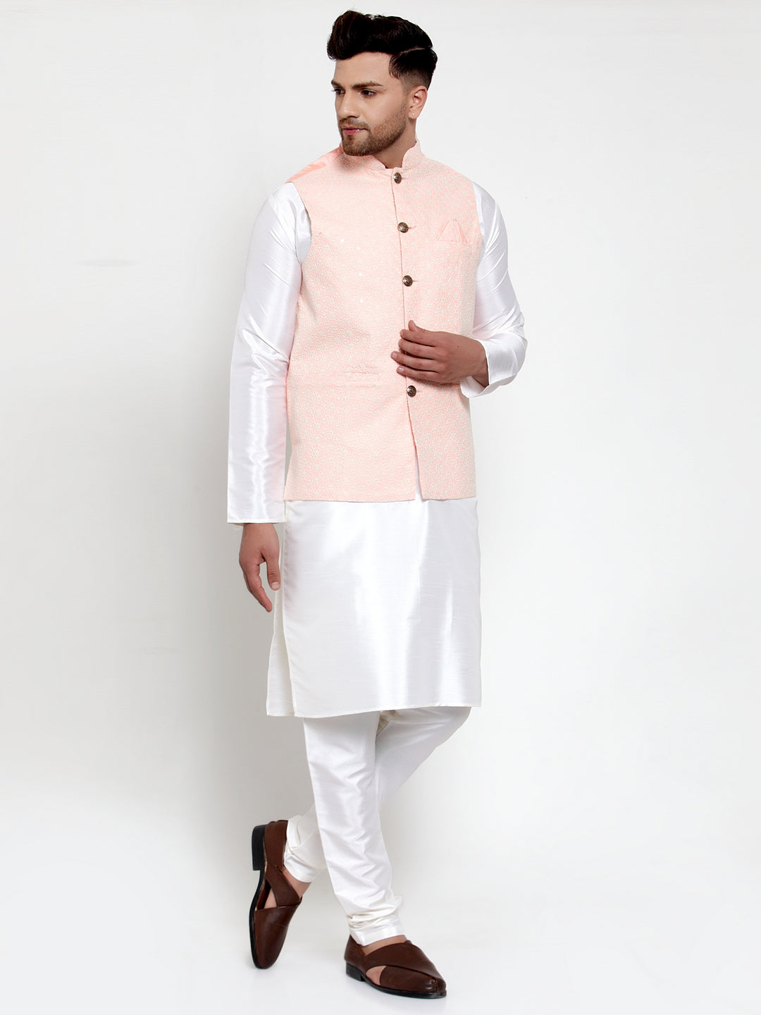 Jompers Men's Solid Dupion Kurta Pajama with Embroiderd Nehru Jacket (Pink) - Distacart