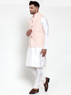 Jompers Men's Solid Dupion Kurta Pajama with Embroiderd Nehru Jacket (Pink) - Distacart