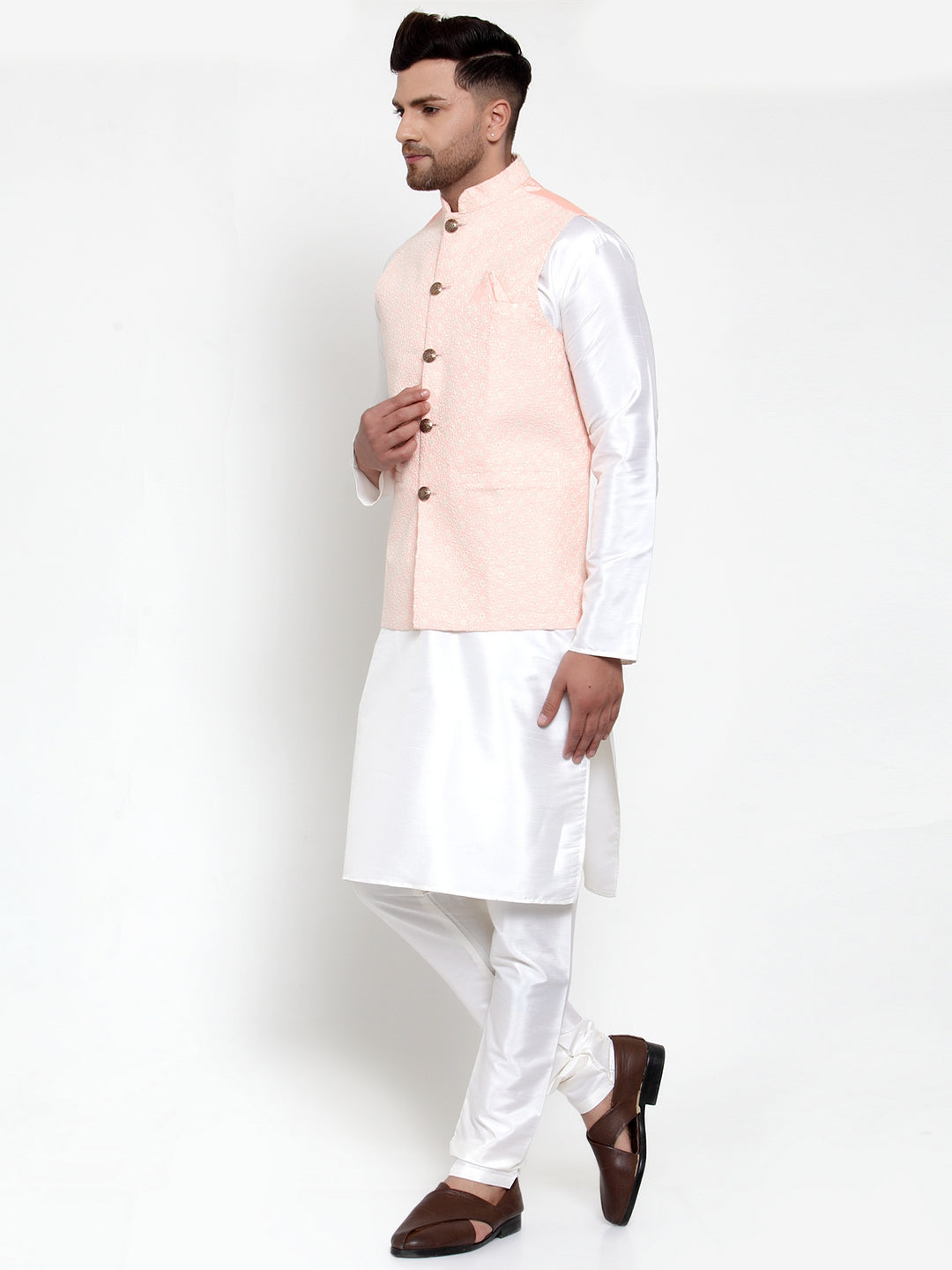 Jompers Men's Solid Dupion Kurta Pajama with Embroiderd Nehru Jacket (Pink) - Distacart