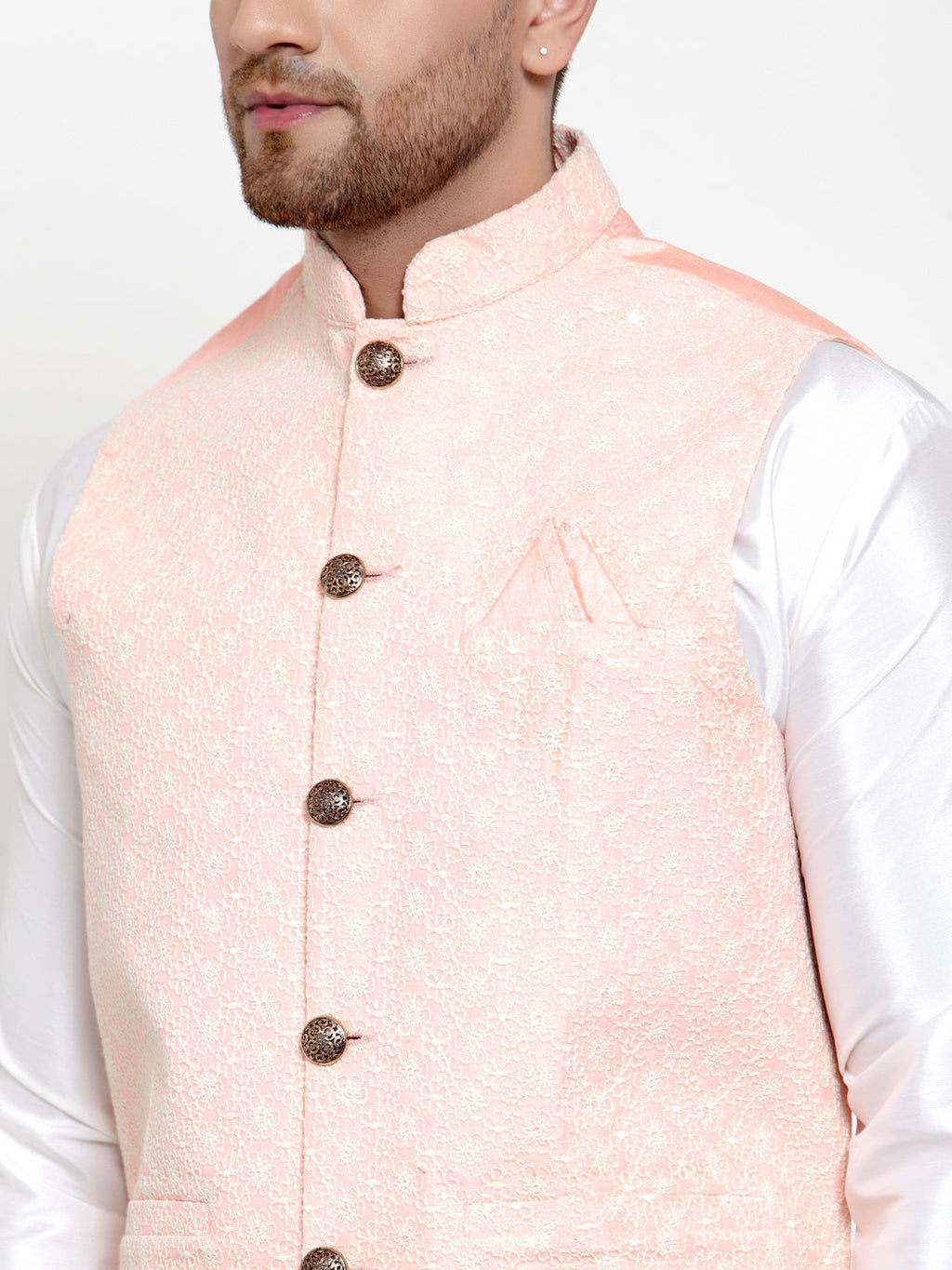 Jompers Men's Solid Dupion Kurta Pajama with Embroiderd Nehru Jacket (Pink) - Distacart